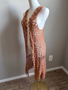 Cotton boho festival Sleeveless Crochet Open-Front duster Terracotta beach pool